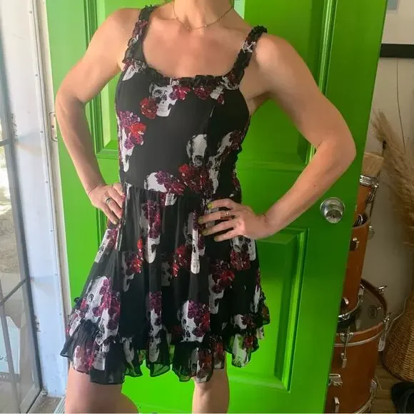 WhimsyGoth Dress Royal Bones by Daang Skull Print Sz Medium Black Chiffon - Picture 4 of 16